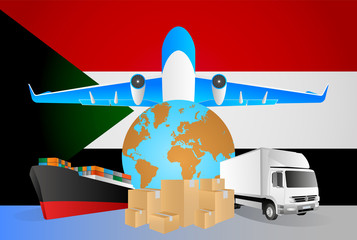 Sudan logistics concept illustration. National flag of Sudan from the back of globe, airplane, truck and cargo container ship