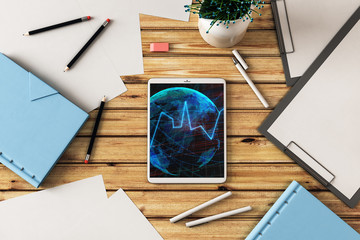 Digital tablet closeup top view with financial graph and partial world map on screen. Online international trading application concept. 3d rendering.