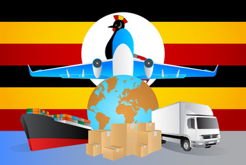 Uganda logistics concept illustration. National flag of Uganda from the back of globe, airplane, truck and cargo container ship