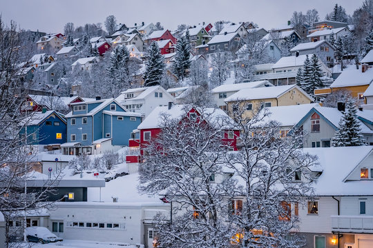 Hillside Houses In Tromso In Winter