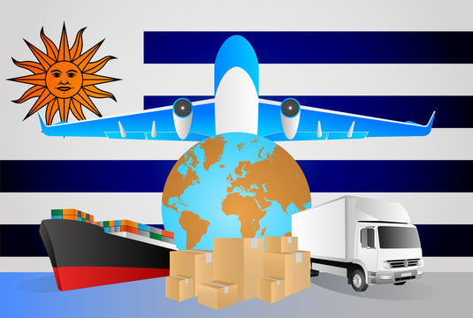 Uruguay logistics concept illustration. National flag of Uruguay from the back of globe, airplane, truck and cargo container ship