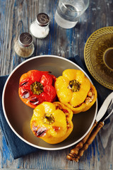 Colorful stuffed veggie peppers with rice and chickpea