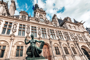 Fototapeta na wymiar View of the town Hall Hotel de Ville in Paris. Travel attractions and destinations in France. Nowadays this building houses the municipal authorities