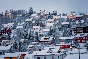 Hillside houses in Tromso in winter
