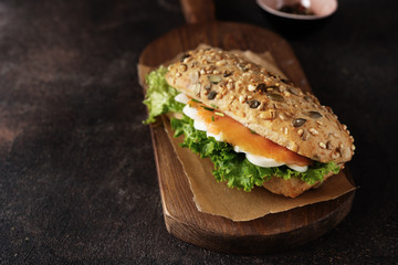 Healthy sandwich with salmon on dark background