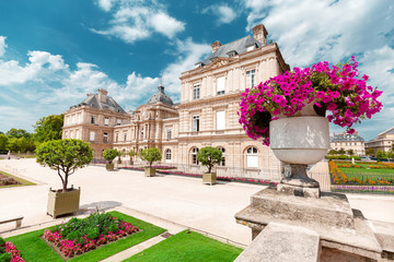 Fototapeta na wymiar famous tourist attraction is the Luxembourg Palace and garden in the old city of Paris. Tourism and travel to France