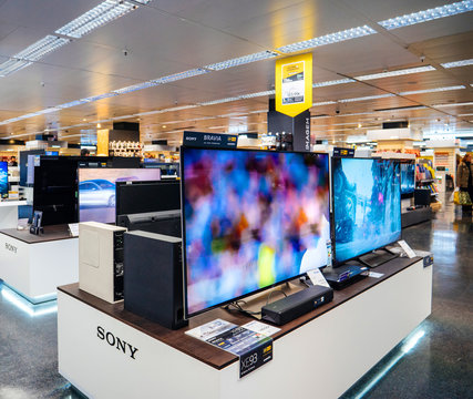 LISBON, PORTUGAL - FEB 10, 2018: Large selection of Sony Bravia UHD QLED display for sale in retail shopping center El Corte Ingles