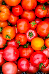 Creative vegetable background from ripe tomatoes, place for text.