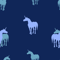 seamless background of silhouettes of unicorns on colored background