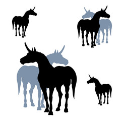  isolated colorful silhouettes of unicorns on white background