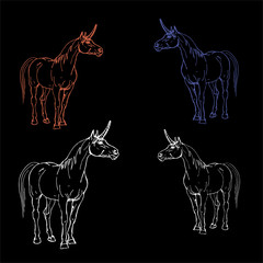  isolated image of unicorn on black background, color, contours