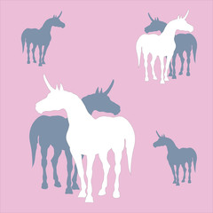  isolated silhouettes of unicorns on colored background