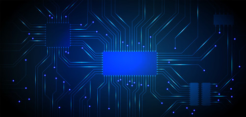 Fototapeta premium Vector microchip processor, circuit board background with lights on the blue background. Central Computer Processors CPU concept. Technology concept. Motherboard, digital chip. Dark background 