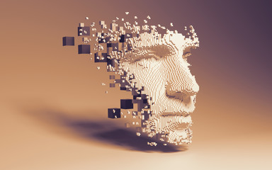 Abstract digital human face.  Artificial intelligence concept of big data or cyber security. 3D illustration 
