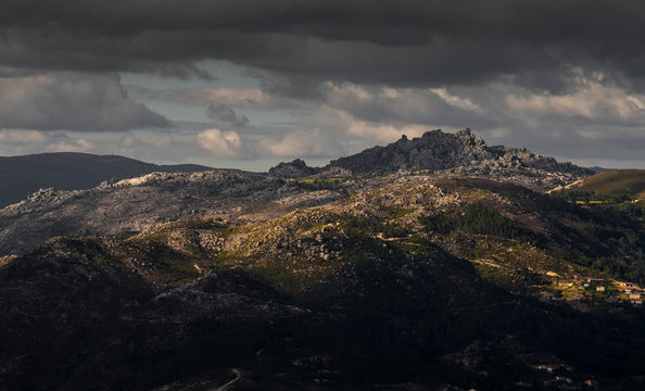 Mountain hill landscape over Boticas village at sunset.