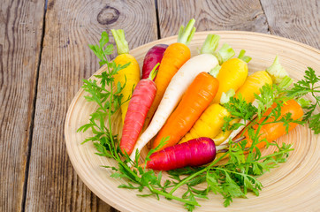 Fresh organic farm carrots of various types and colors