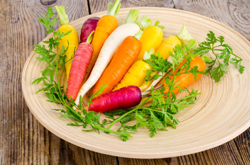 Fresh organic farm carrots of various types and colors