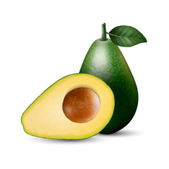 Vector 3d Realistic Whole and Half Avocado with Seed and Leaf Closeup Isolated on White Background. Design Template, Food, Health, Diet Concept. Front View