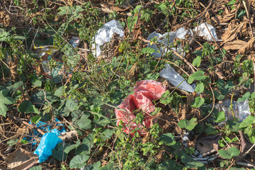 plastic garbage in a park and bushes