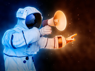 Obraz na płótnie Canvas astronaut protesting with a bullhorn in hand close up