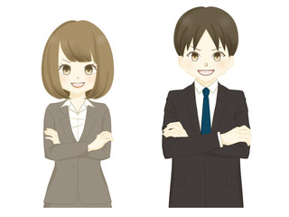 スーツ-腕を組む女性・男性-強気な笑顔