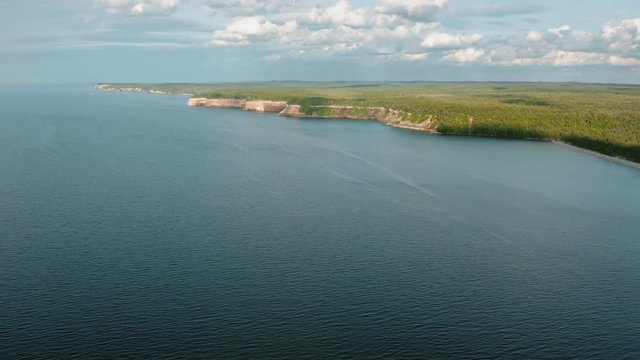Aerial panorama of Pictured Rocks cliffs formations in National  Lakeshore