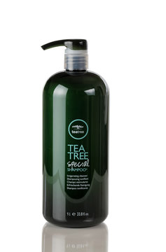 Paul Mitchell Tea Tree Shampoo Logo On Plastic Bottle Isolated On White Background With Reflection