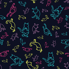 Cute hand drawn multicolored cat silhouettes on a navy blue background. 
