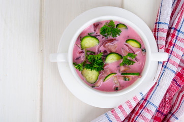 Cold beet soup with cucumbers. Studio Photo