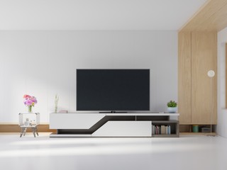 TV on cabinet in modern living room with plants in living room with empty white wall.