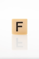 Alphabet F word block with white background.