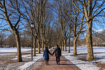 Love couple holding hands walking on the walk path in winter landscape with snow and dry tree