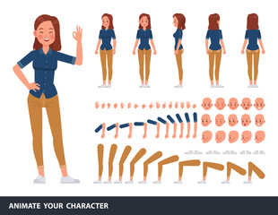 Fototapeta Woman wear blue jeans shirt character vector design. Create your own pose. obraz