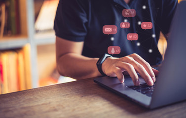 Close up of a man using mobile smart phone with world map icon ,Business connection network concept,copy space.