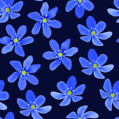 Beautiful blue hepatica flower seamless pattern