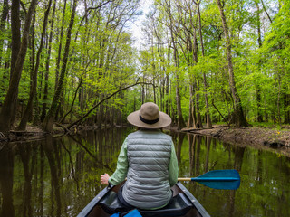 Woman in Canoe, Paddling Along a Forest Creek