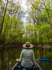Woman in Canoe, Paddling Along a Forest Creek
