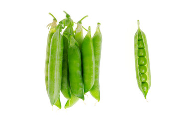 Green pea pods on white background isolated