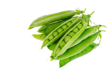 Green pea pods on white background isolated