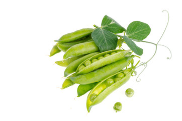 Green pea pods on white background isolated