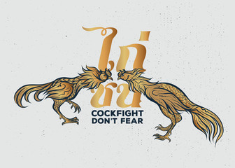 Cockfight, Thai rooster fight illustration logo with text. Graphics for t-shirt prints and other uses. © ilovecoffeedesign