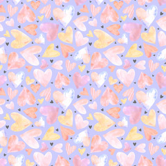 Seamless pattern with hearts. Watercolor pattern with small hearts on blue background. Hand painted romantic texture for packaging, wedding, birthday, Valentine's Day, mother's Day	