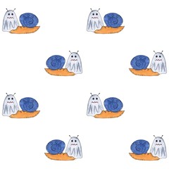 Pattern of cartoon snails ghost. Halloween illustration watercolor hand drawn. For design