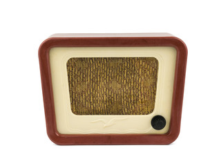 Front view of vintage radio isolated on white background. Radio engineering of the past time.