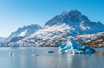 Icebergs flowing on Lago Grey lake in winter coming from the Grey glacier with the Paine Grande mountain peak in the background inside Torres del Paine national park, Patagonia, Chile. - obrazy, fototapety, plakaty