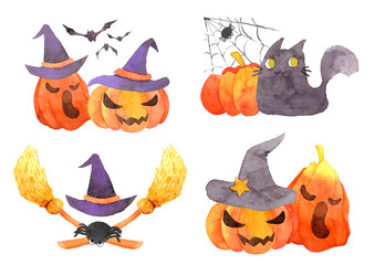 .Watercolor Halloween Illustration Set. Funny Cute cartoon baby character, spider, cobweb, Magic hat, pumpkin, bat, cat,  jack, good for holiday design. clipping path.