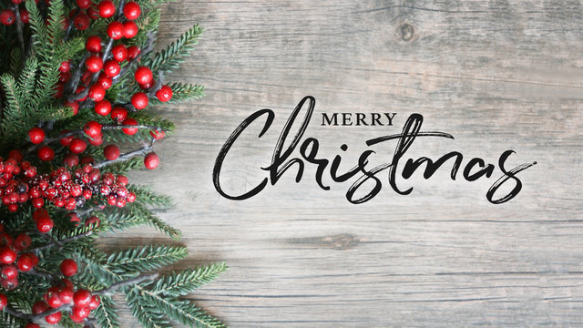 Merry Christmas Text with Holiday Evergreen Branches and Berries Over Rustic Wooden Background
