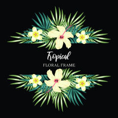 Tropical floral frame with hibiscus palm leaf
