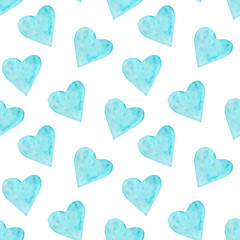 Fototapeta premium Blue big hearts seamless pattern. Watercolor love symbols on white background. Pastel turquoise hearts for St Valentines day, wedding decor.