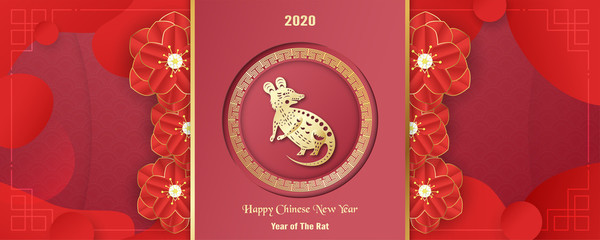 Happy Chinese new year 2020, year of the rat. Template design for cover, invitation, poster, flyer, packaging. Illustration in paper cut and craft.